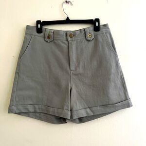 BOHME High Waisted Brass Button Paperbag Cuffed Cotton Shorts, Sage Green- M